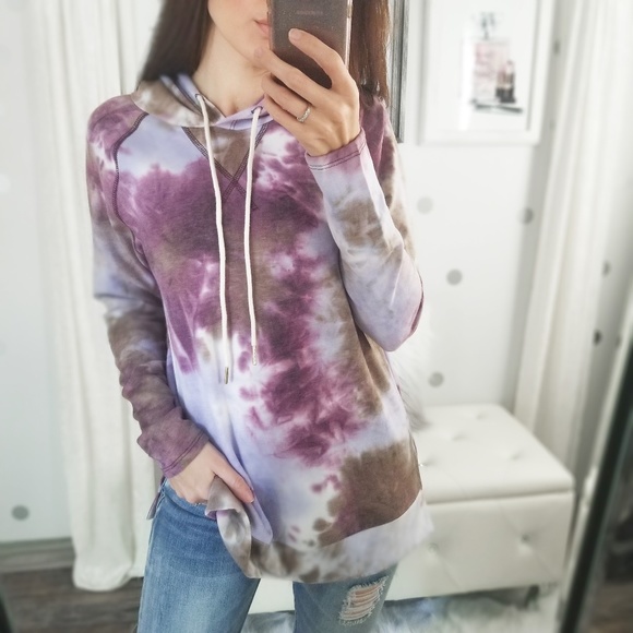 Fall Pullover Tie Dye Hoodie Tops Purple Taupe Comfy Tops - Picture 3 of 9